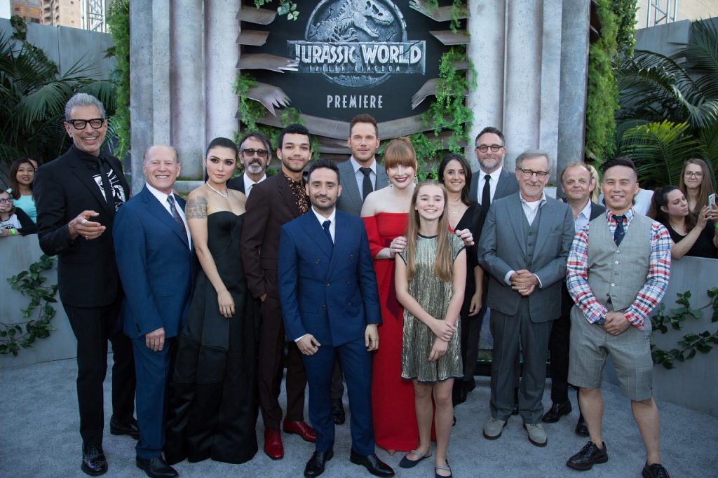 Jeff Goldblum, Frank Marshall, Daniella Pineda, Patrick Crowley, Justice Smith, J.A Bayona, Chris Pratt, Bryce Dallas Howard, Isabella Sermon, Belen Atienza, Colin Trevorrow, Steven Spielberg, Toby Jones and B.D. Wong pose together as Universal Pictures and Amblin Entertainment present the premiere of Jurassic World: Fallen Kingdom at the Walt Disney Concert Hall in Los Angeles, CA on Tuesday, June 12, 2018 (Photo:Alex J. Berliner/ABImages)