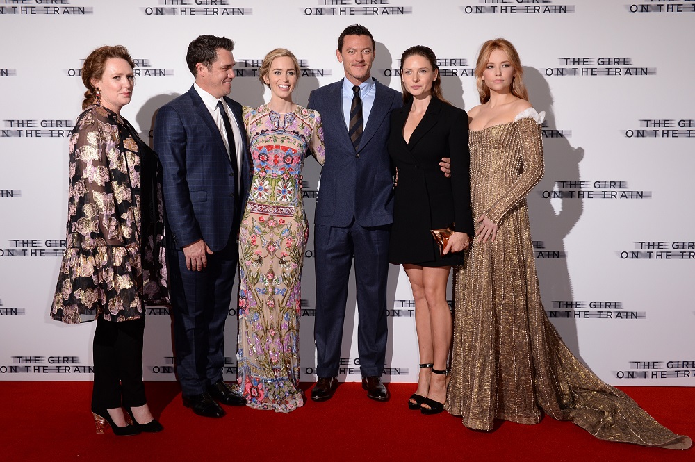 LONDON, ENGLAND 20TH SEPTEMBER 2016: Author Paula Hawkins, Director Tate Taylor, Emily Blunt, Luke Evans, Rebecca Ferguson and Haley Bennett at the world premiere of 'The Girl on the Train' at the Odeon Leicester Square in London, England on the 20th September 2016. Photo by Joanne Davidson/SilverHub 0208 004 5359/07711 972644 Editors@silverhubmedia.com